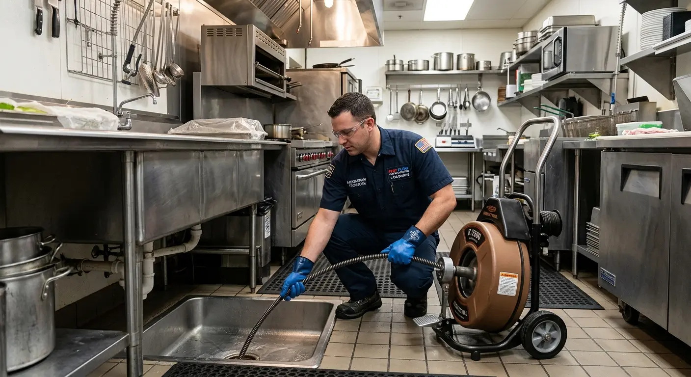 Commercial drain cleaning service in a restaurant kitchen in Ballwin
